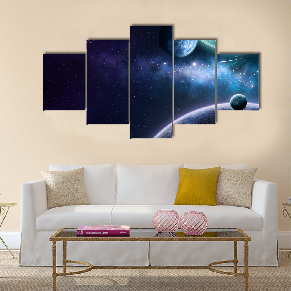 Blue and purple nebula on black space background Multi Panel Canvas Wall Art