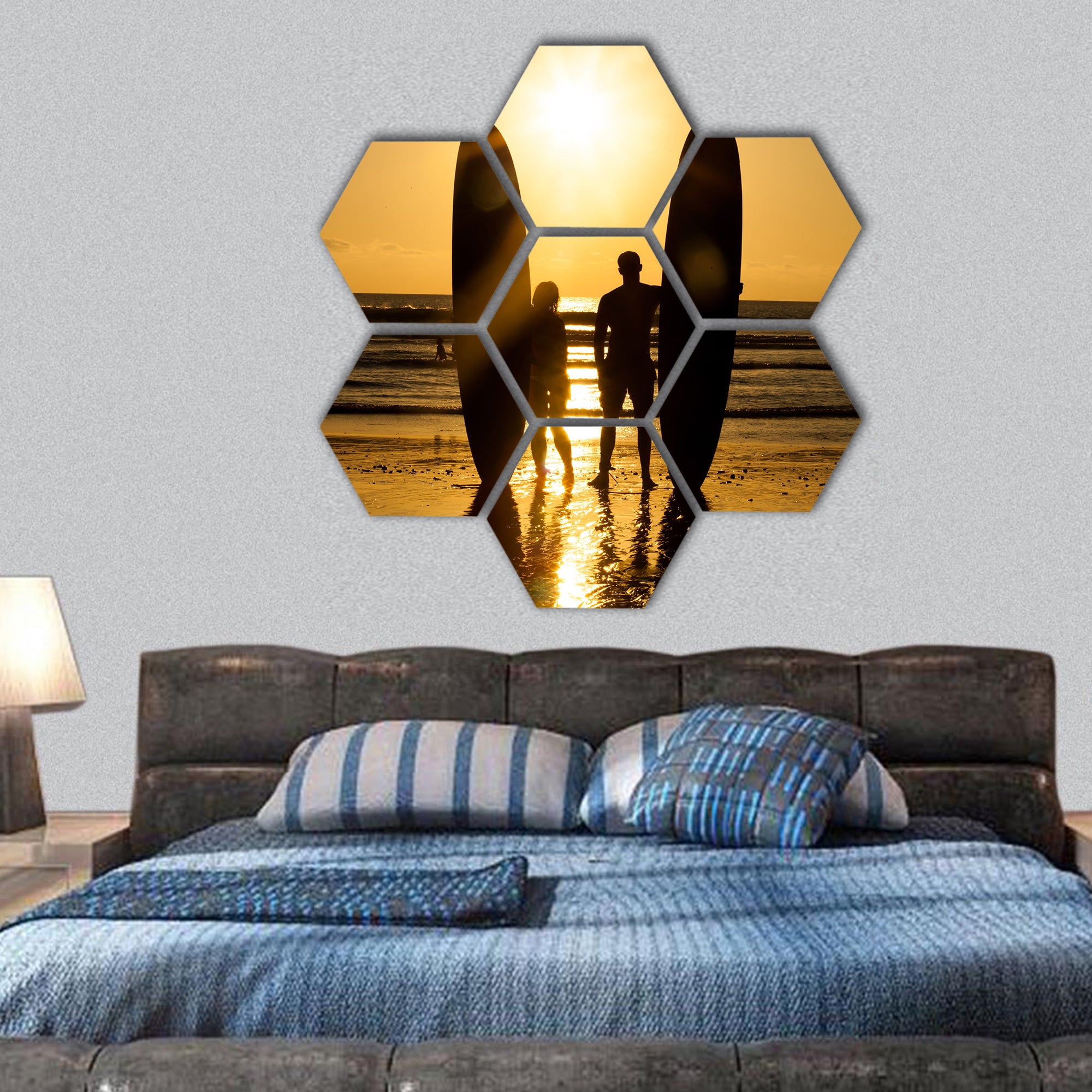 couple in silhouette long surf boards at sunset on beach hexagonal canvas wall art