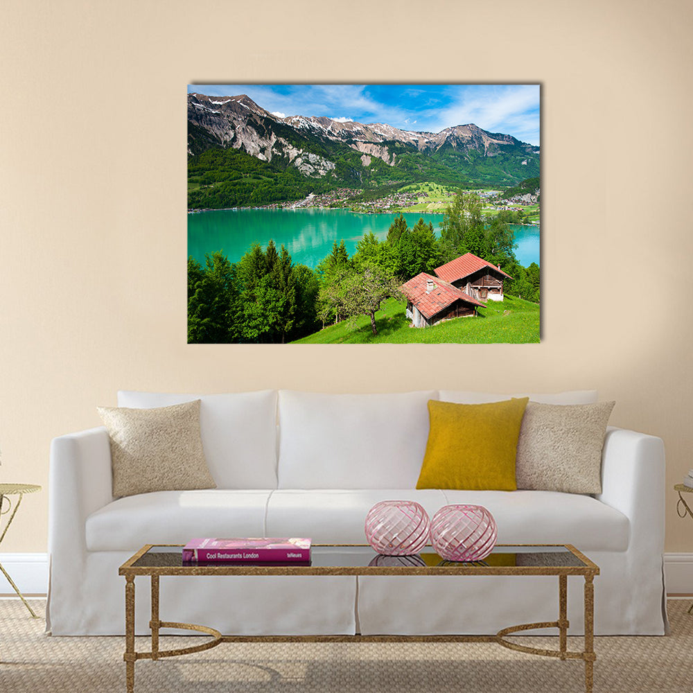 Panorama of lake Brienz with the town Brienz multi panel canvas wall art