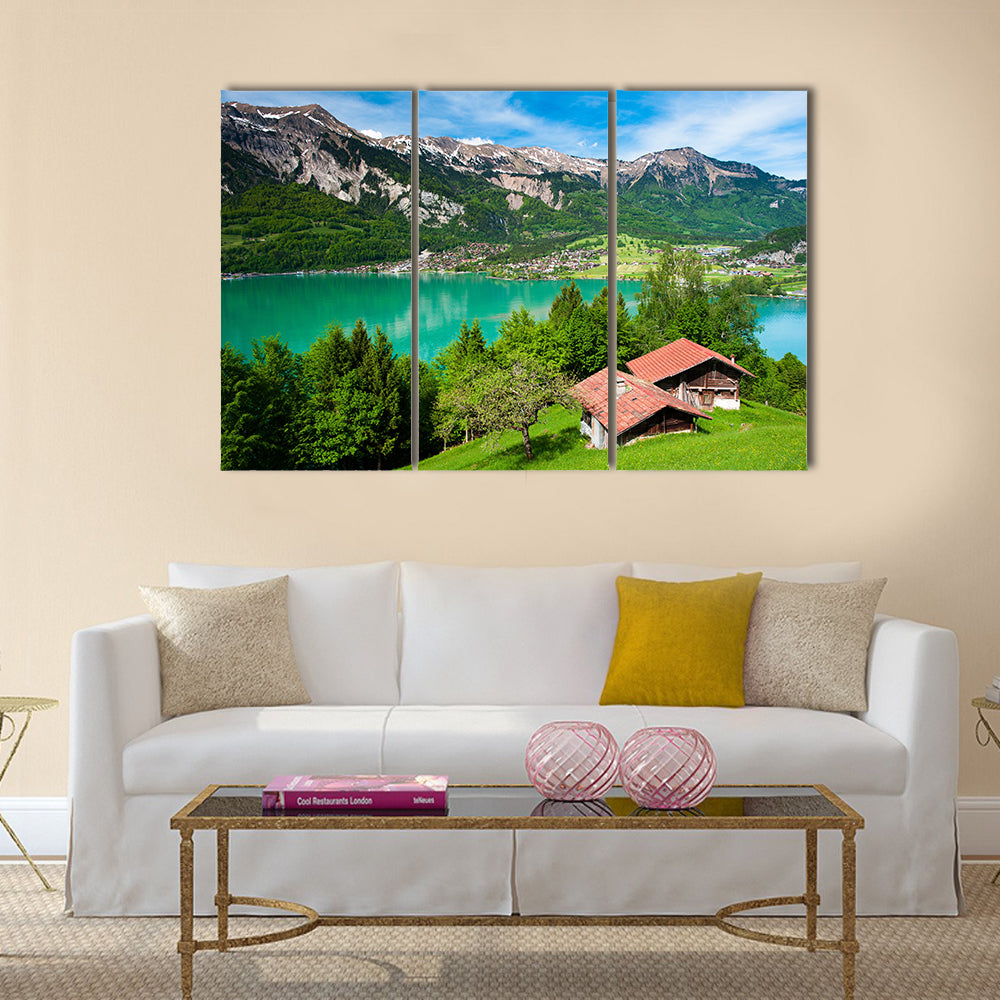 Panorama of lake Brienz with the town Brienz multi panel canvas wall art
