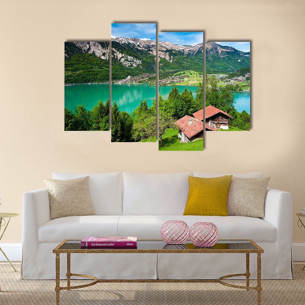Panorama of lake Brienz with the town Brienz multi panel canvas wall art