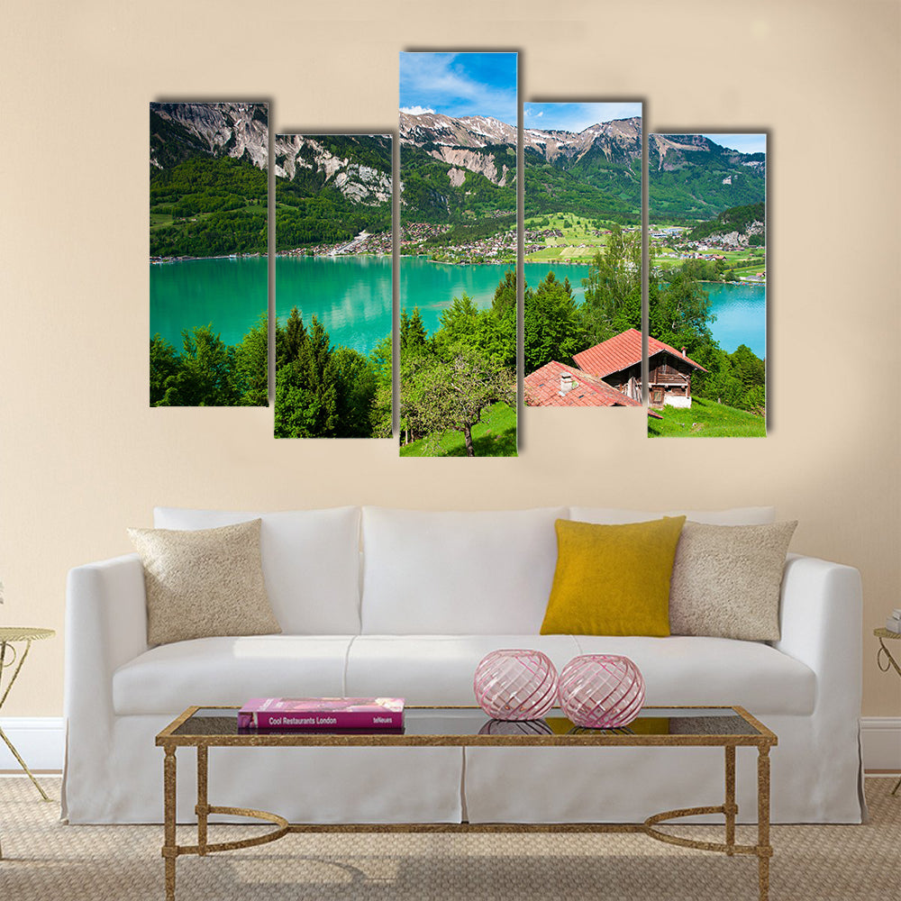 Panorama of lake Brienz with the town Brienz multi panel canvas wall art