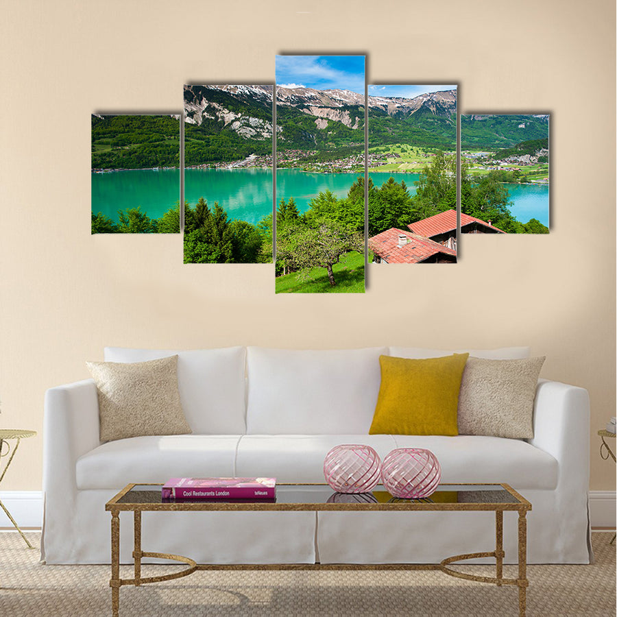 Panorama of lake Brienz with the town Brienz multi panel canvas wall art