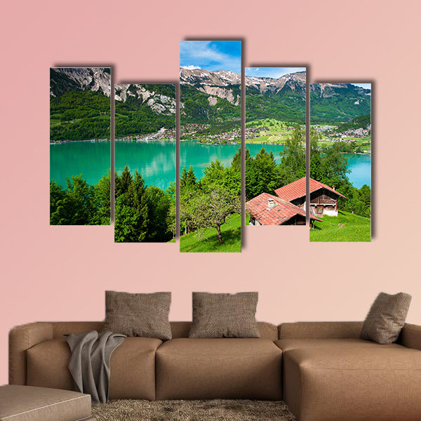 Panorama of Lake Brienz with the town Brienz in the background, Switzerland multi panel canvas wall art