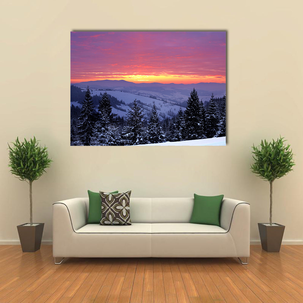 Beautiful sunrise in the winter mountains multi panel canvas wall art