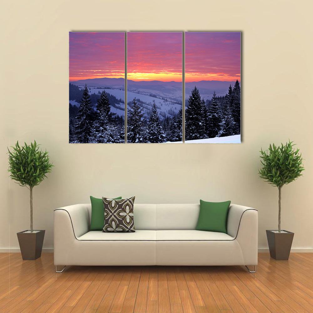Beautiful sunrise in the winter mountains multi panel canvas wall art
