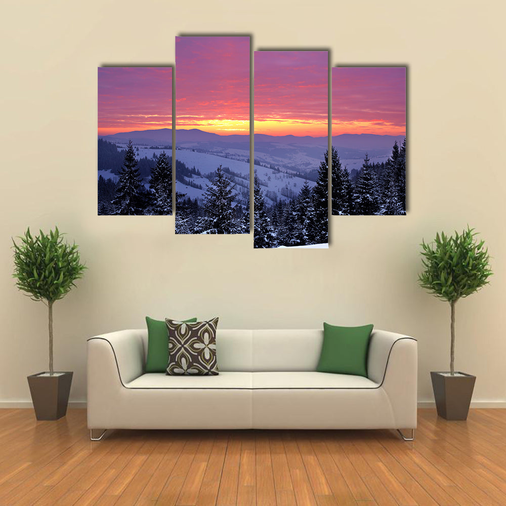 Beautiful sunrise in the winter mountains multi panel canvas wall art