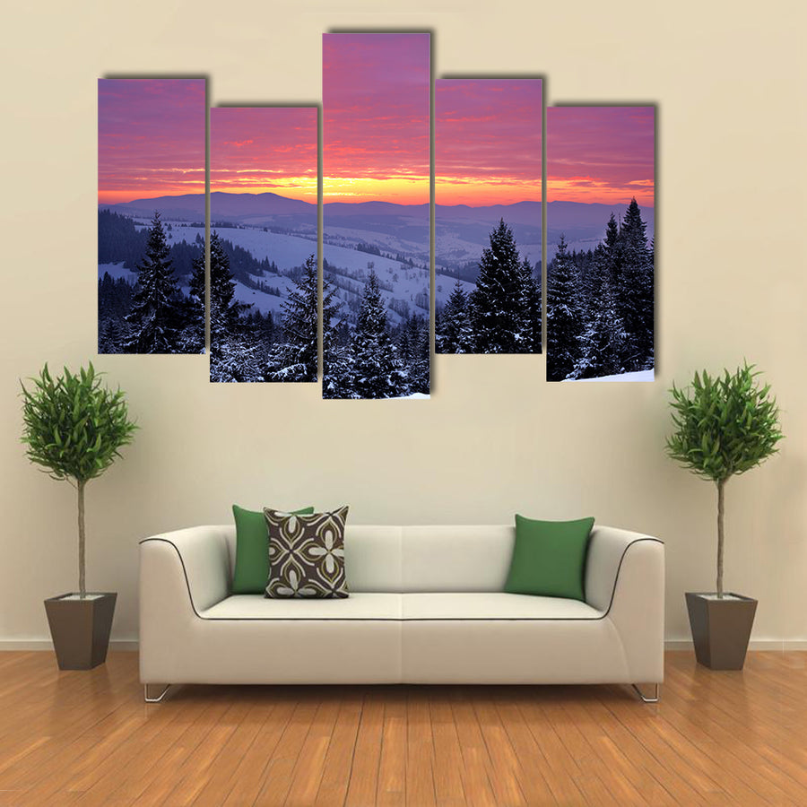 Beautiful sunrise in the winter mountains multi panel canvas wall art