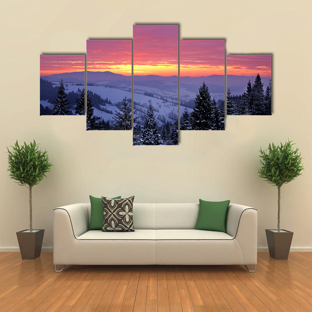 Beautiful sunrise in the winter mountains multi panel canvas wall art