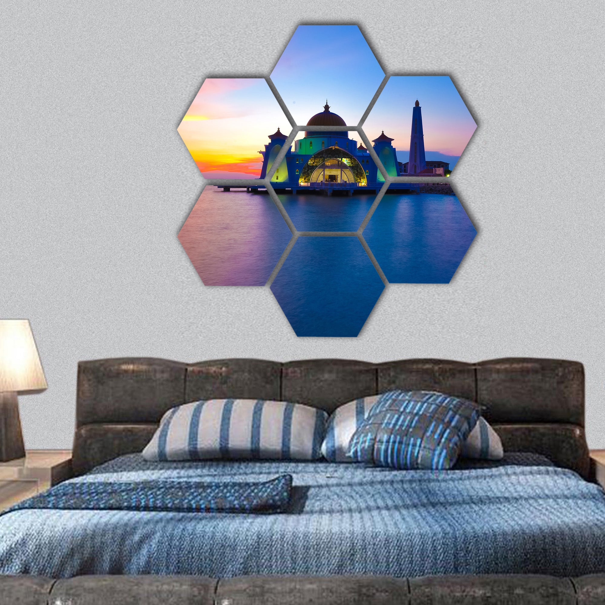 Masjid selat melaka malaysia hexagonal canvas wall art