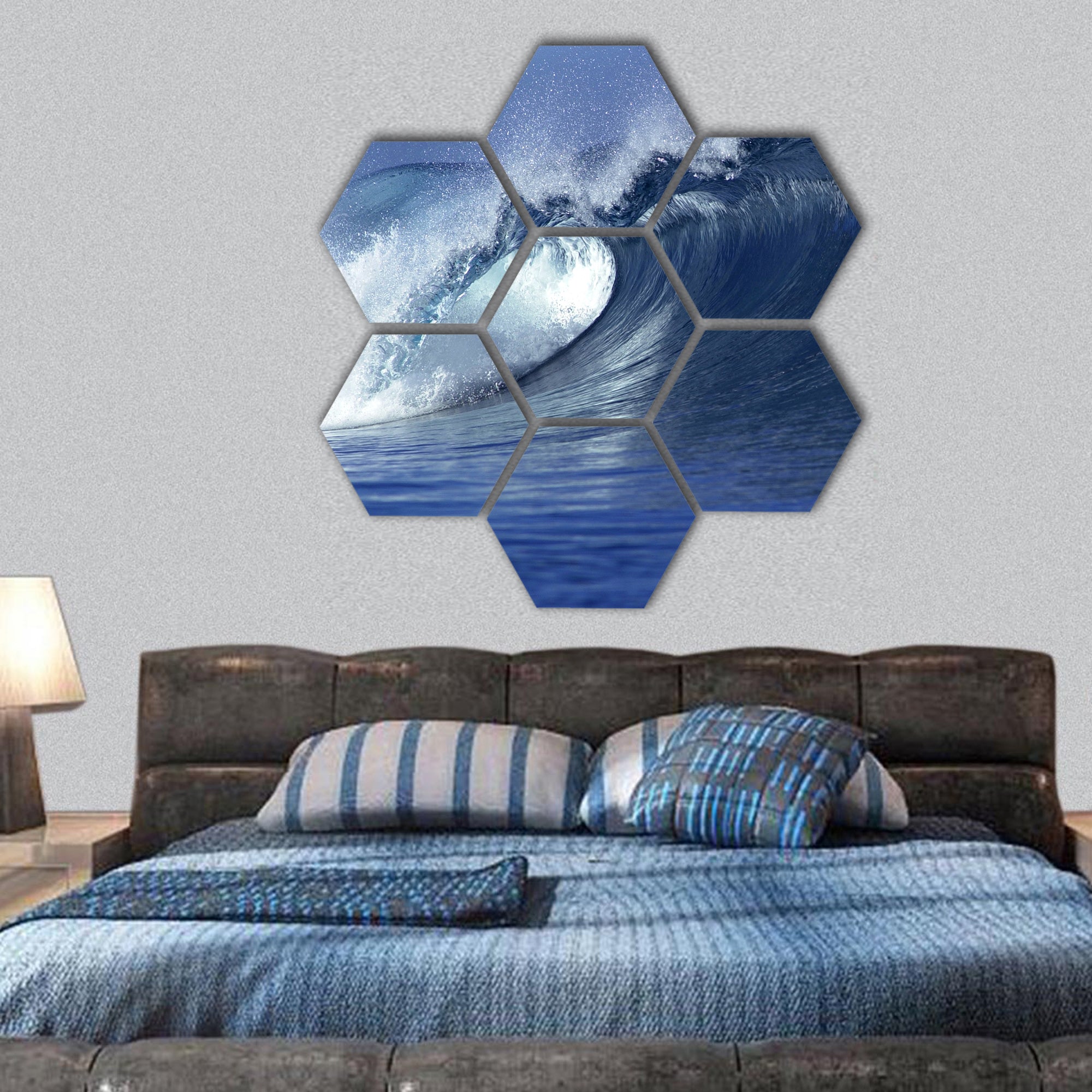 close up image of wave in ocean in Fiji hexagonal canvas wall art