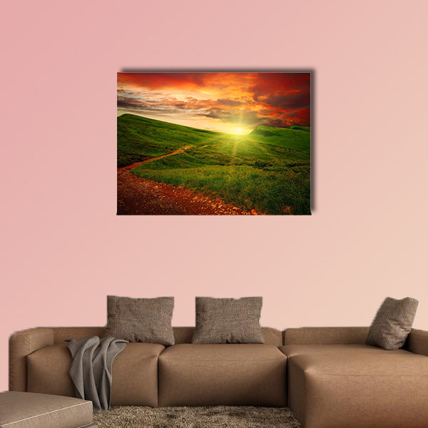 Path through a mystery mountain meadow to horizon with sunset clouds multi panel canvas wall art