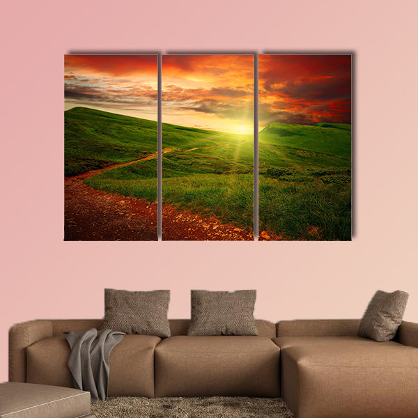 Path through a mystery mountain meadow to horizon with sunset clouds multi panel canvas wall art