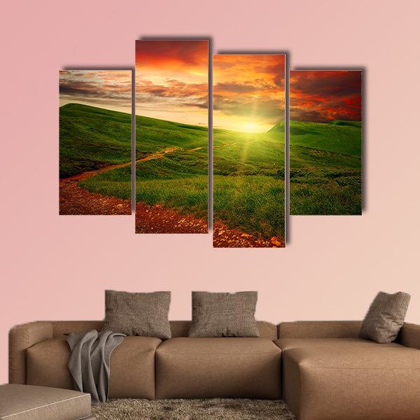 Path through a mystery mountain meadow to horizon with sunset clouds multi panel canvas wall art