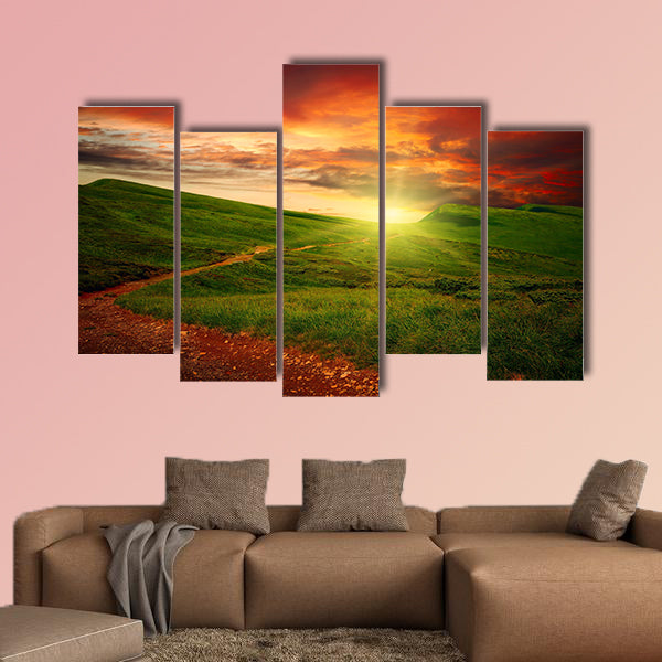 Path through a mystery mountain meadow to horizon with sunset clouds multi panel canvas wall art