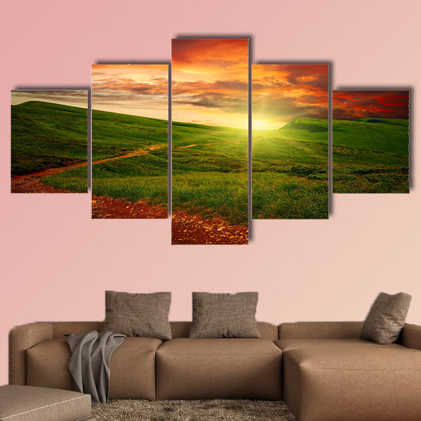 Path through a mystery mountain meadow to horizon with sunset clouds multi panel canvas wall art