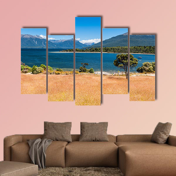 Beautiful turquoise lake, Lake Te Anau, New Zealand Multi panel canvas wall art