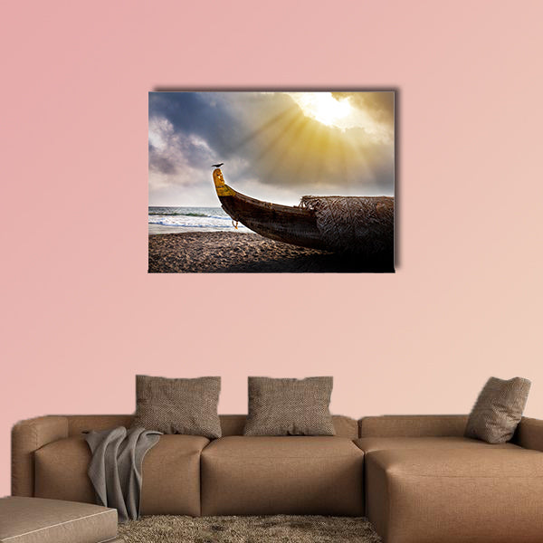 Fishing boat on the beach with crow on it near the ocean wall art