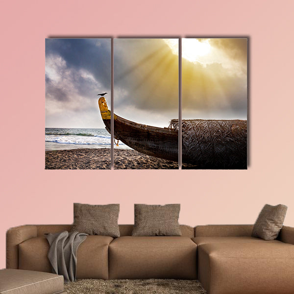 Fishing boat on the beach with crow on it near the ocean wall art