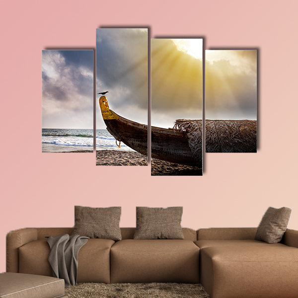 Fishing boat on the beach with crow on it near the ocean wall art
