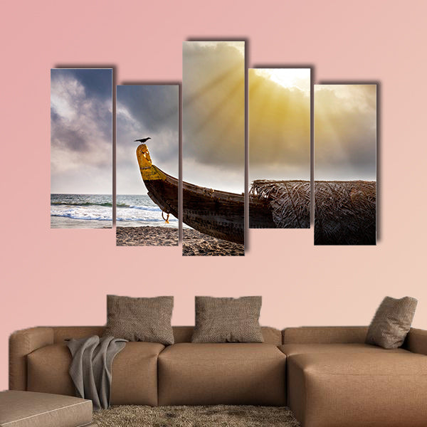 Fishing boat on the beach with crow on it near the ocean wall art