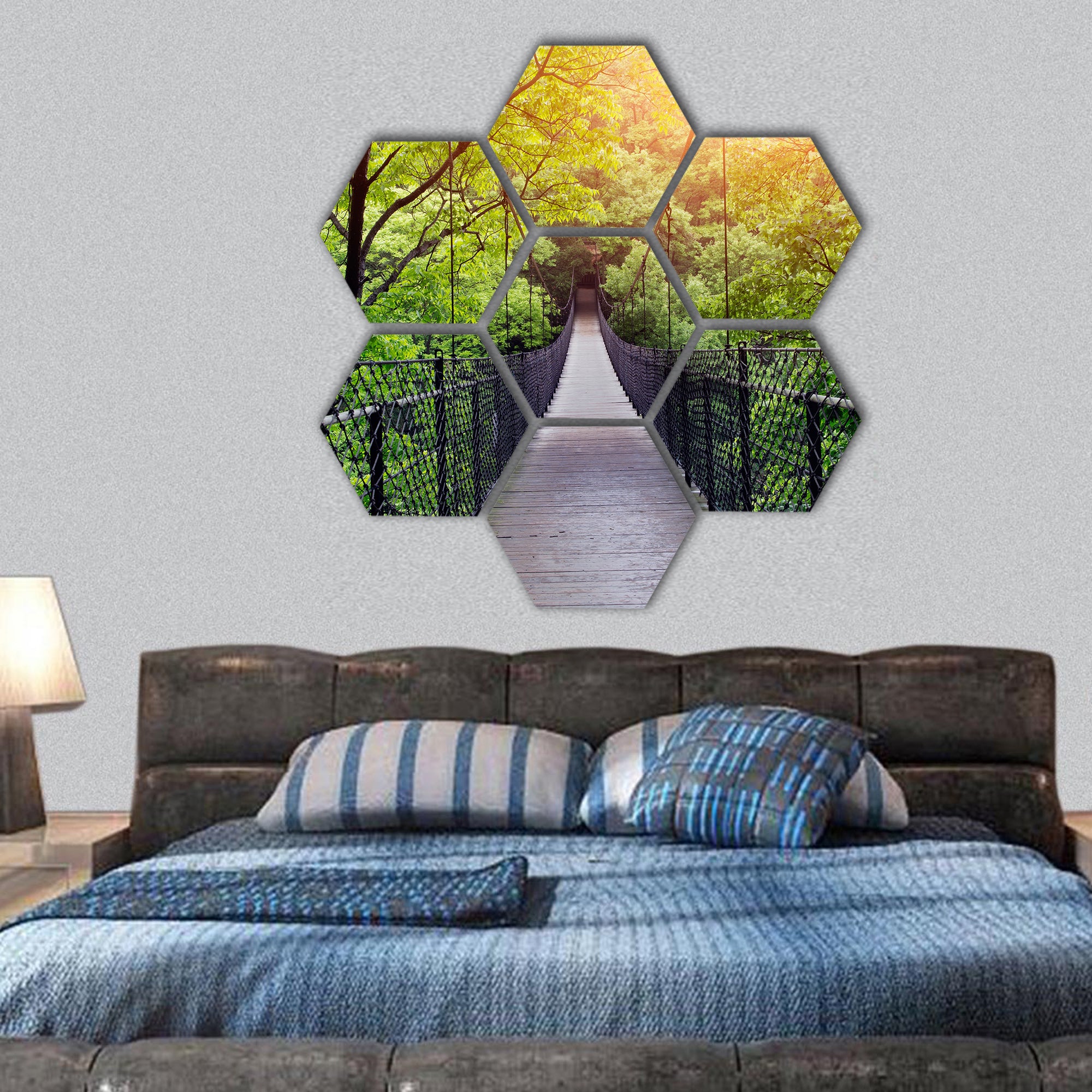 Bridge to the jungle, guilin, china hexagonal canvas wall art