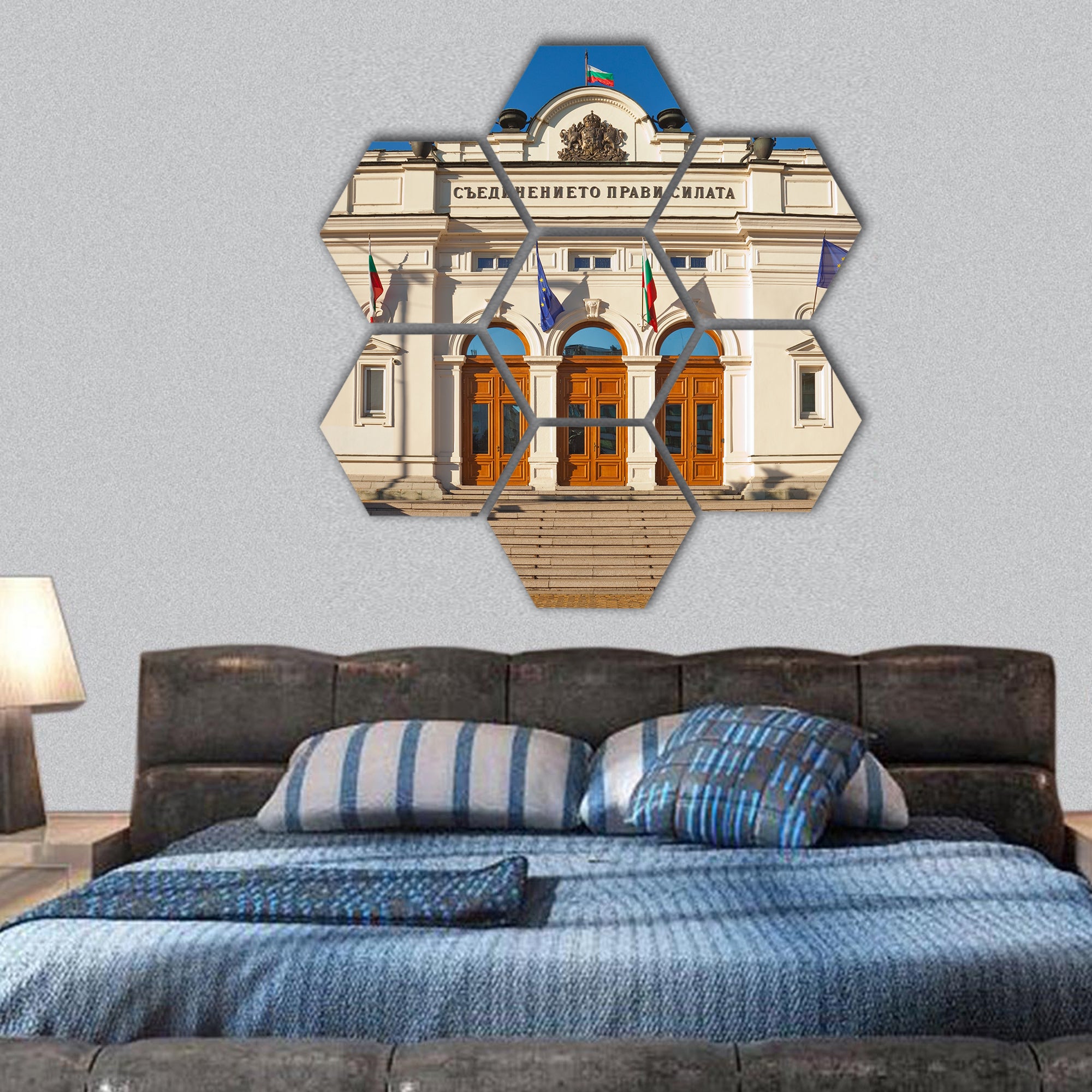 Frontal view of the Bulgarian Parliament, Sofia hexagonal canvas wall art