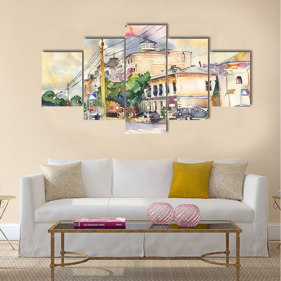 Original watercolor city landscape Multi Panel Canvas Wall Art