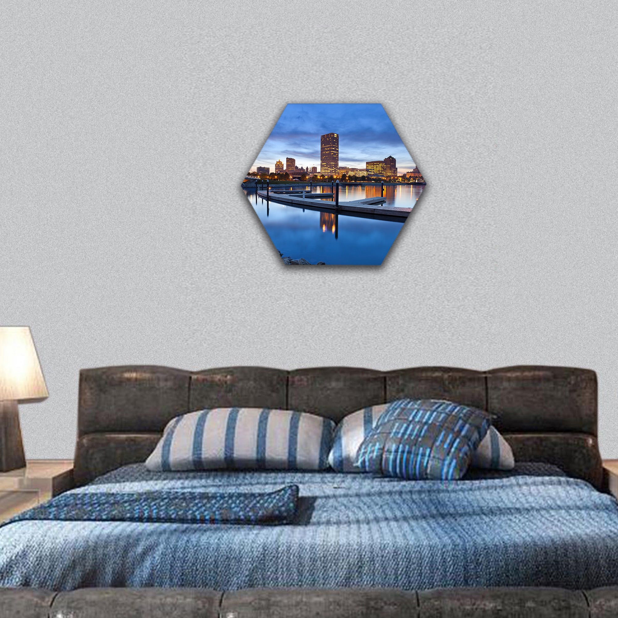 City of Milwaukee skyline with lake hexagonal canvas wall art