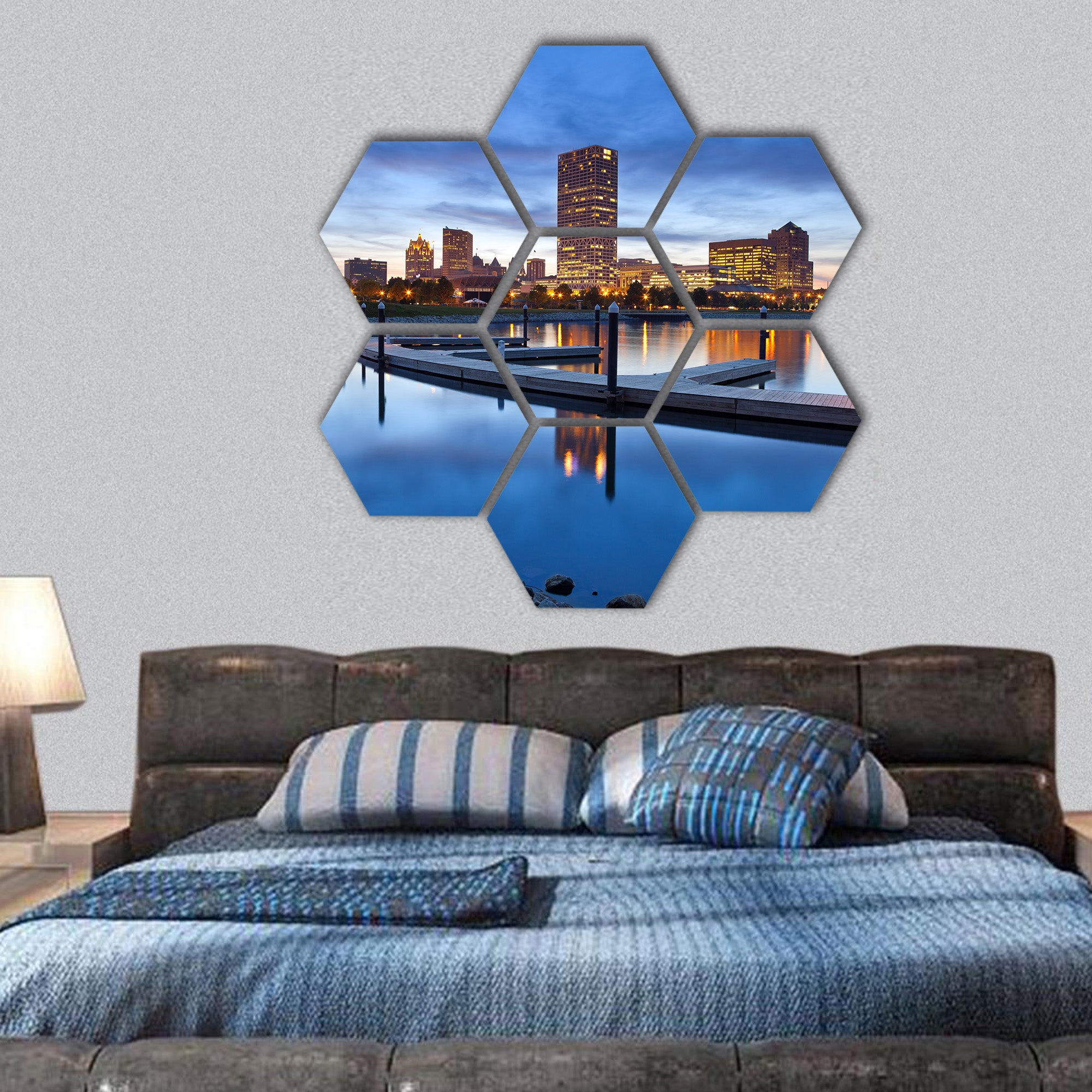City of Milwaukee skyline with lake hexagonal canvas wall art