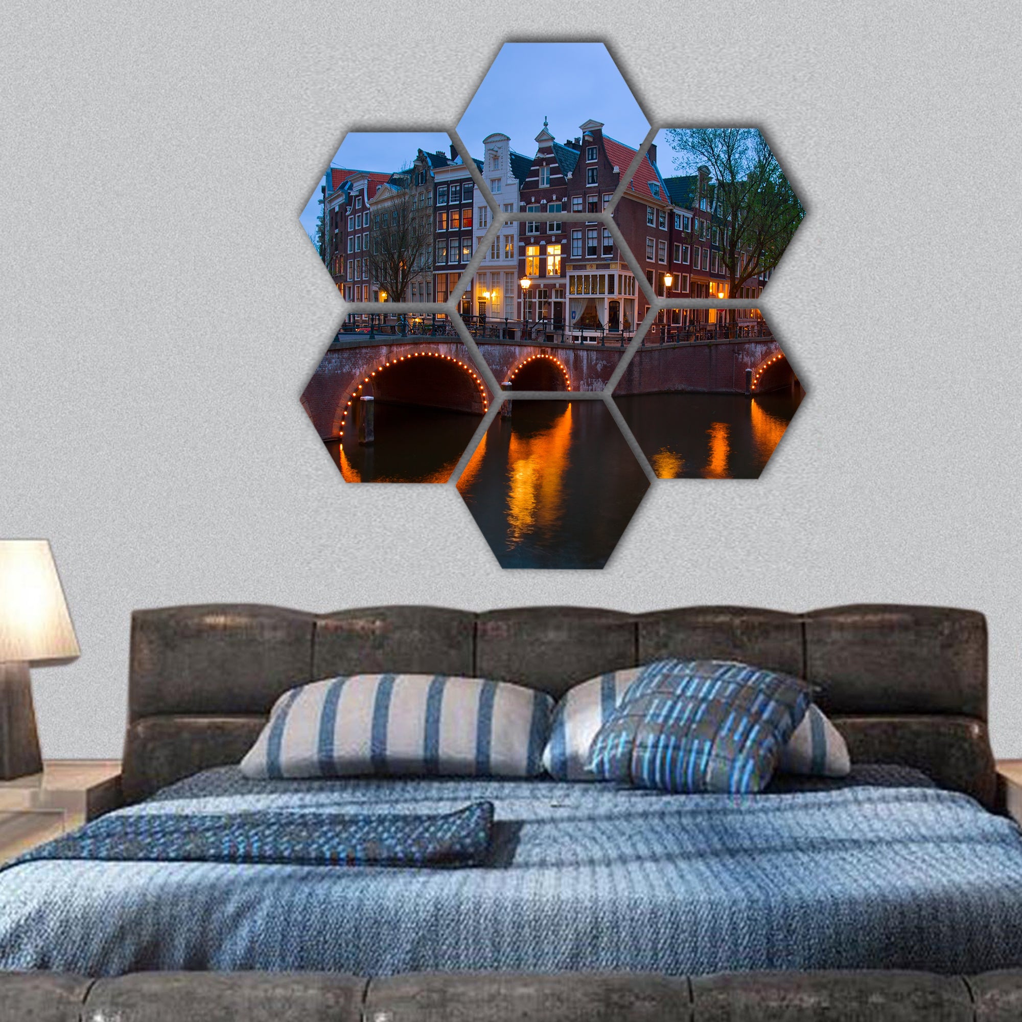 Canals of Amsterdam, the Netherlands at duskmous hexagonal canvas wall art
