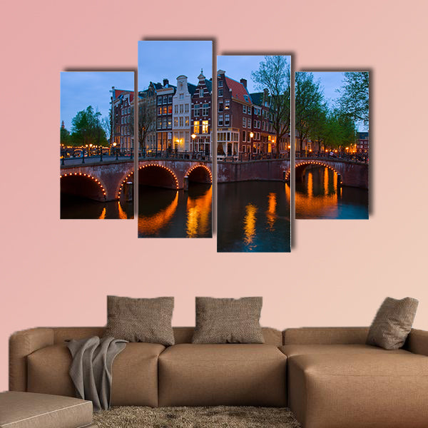 Famous canals of Amsterdam, the Netherlands at duskmous canals of Amsterdam multi panel canvas wall art