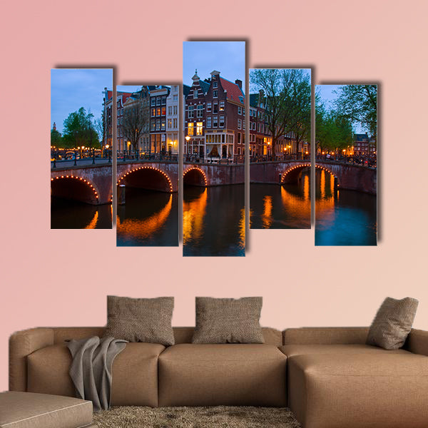Famous canals of Amsterdam, the Netherlands at duskmous canals of Amsterdam multi panel canvas wall art