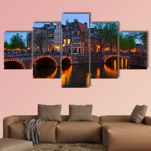 Famous canals of Amsterdam, the Netherlands at duskmous canals of Amsterdam multi panel canvas wall art