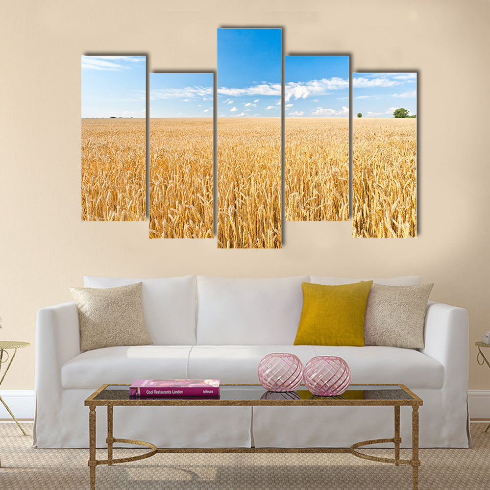 Ripe wheat field and blue sky with clouds Multi panel canvas wall art