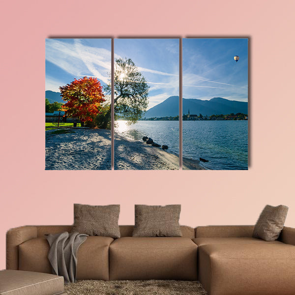 Beautiful morning on lake with mountains on background wall art