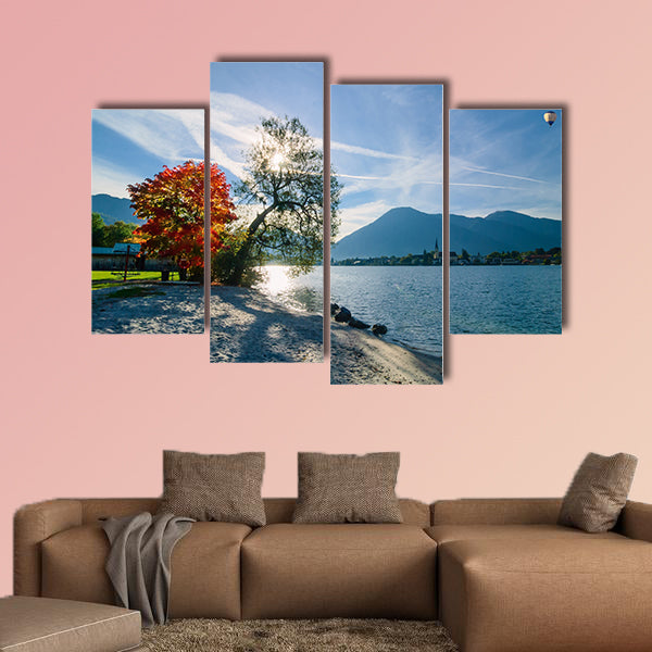 Beautiful morning on lake with mountains on background wall art