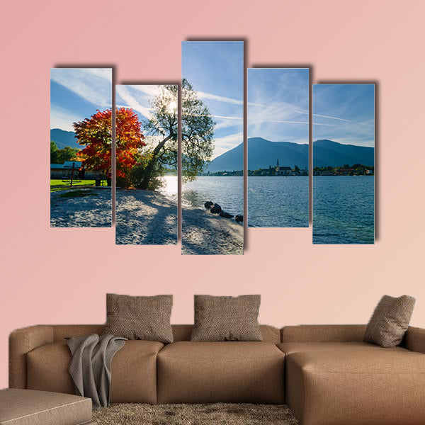 Beautiful morning on lake with mountains on background wall art