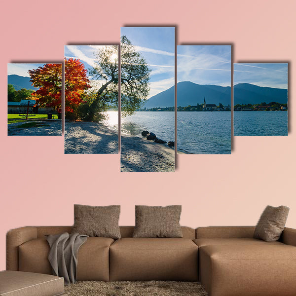 Beautiful morning on lake with mountains on background wall art
