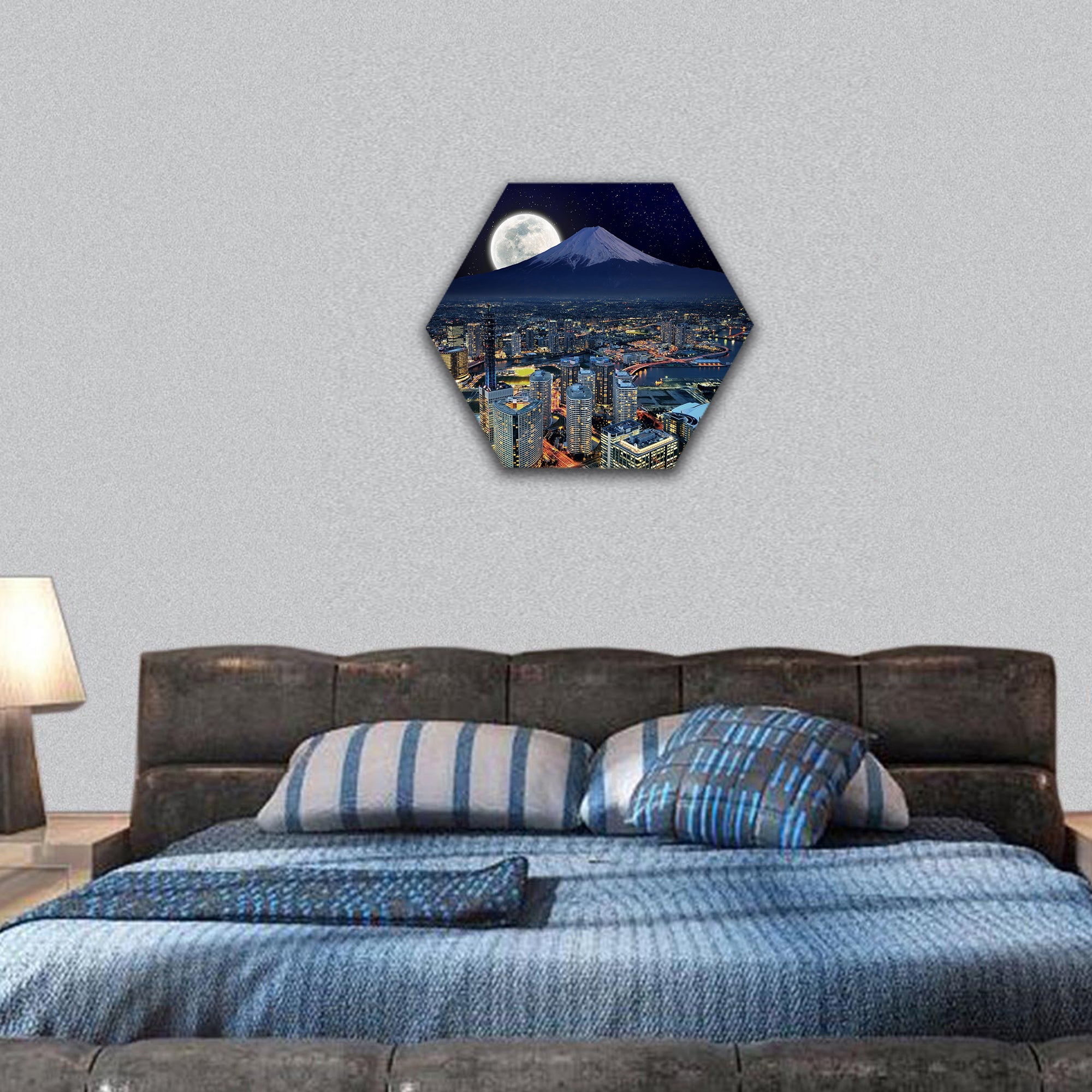 Surreal view of Yokohama city hexagonal canvas wall art