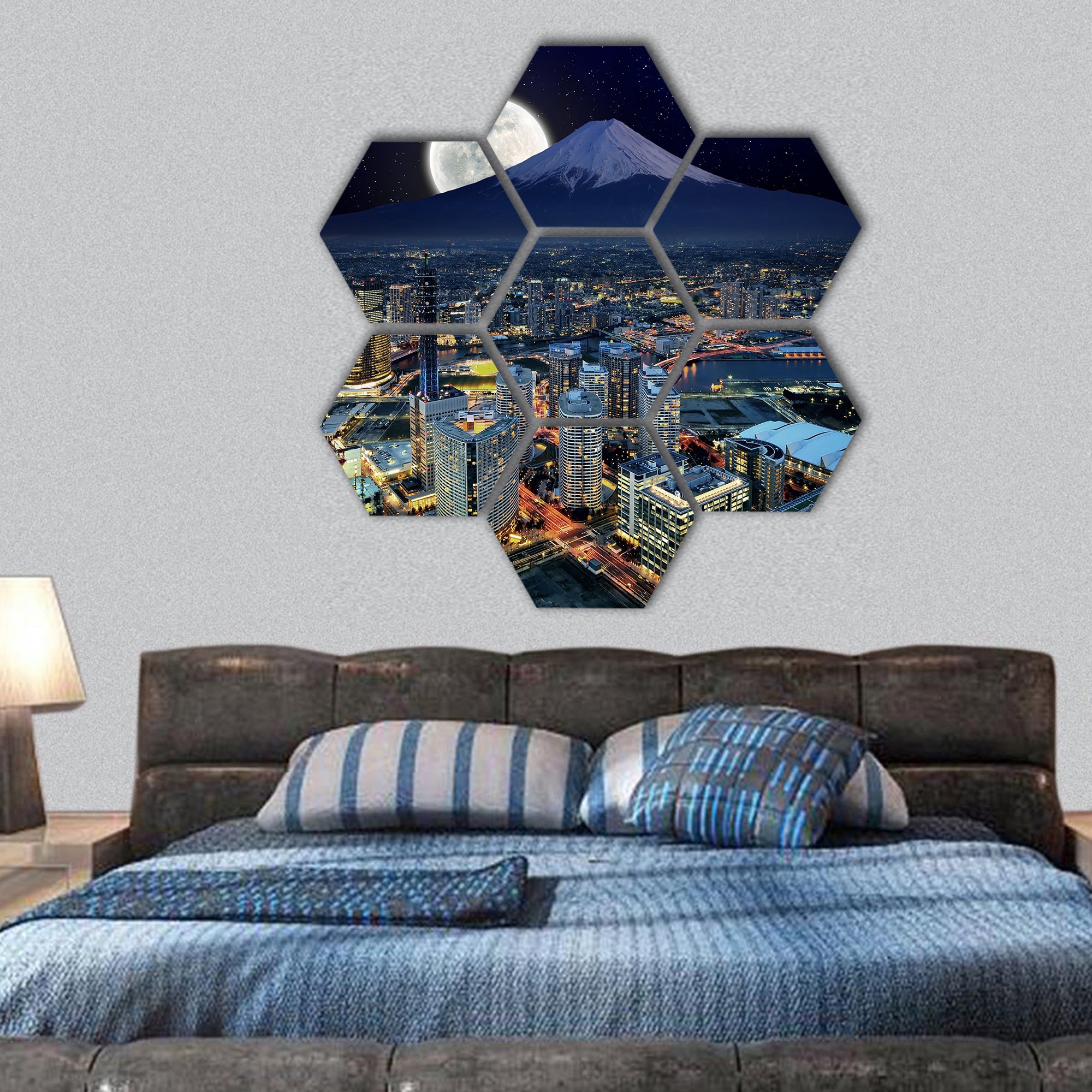 Surreal view of Yokohama city hexagonal canvas wall art