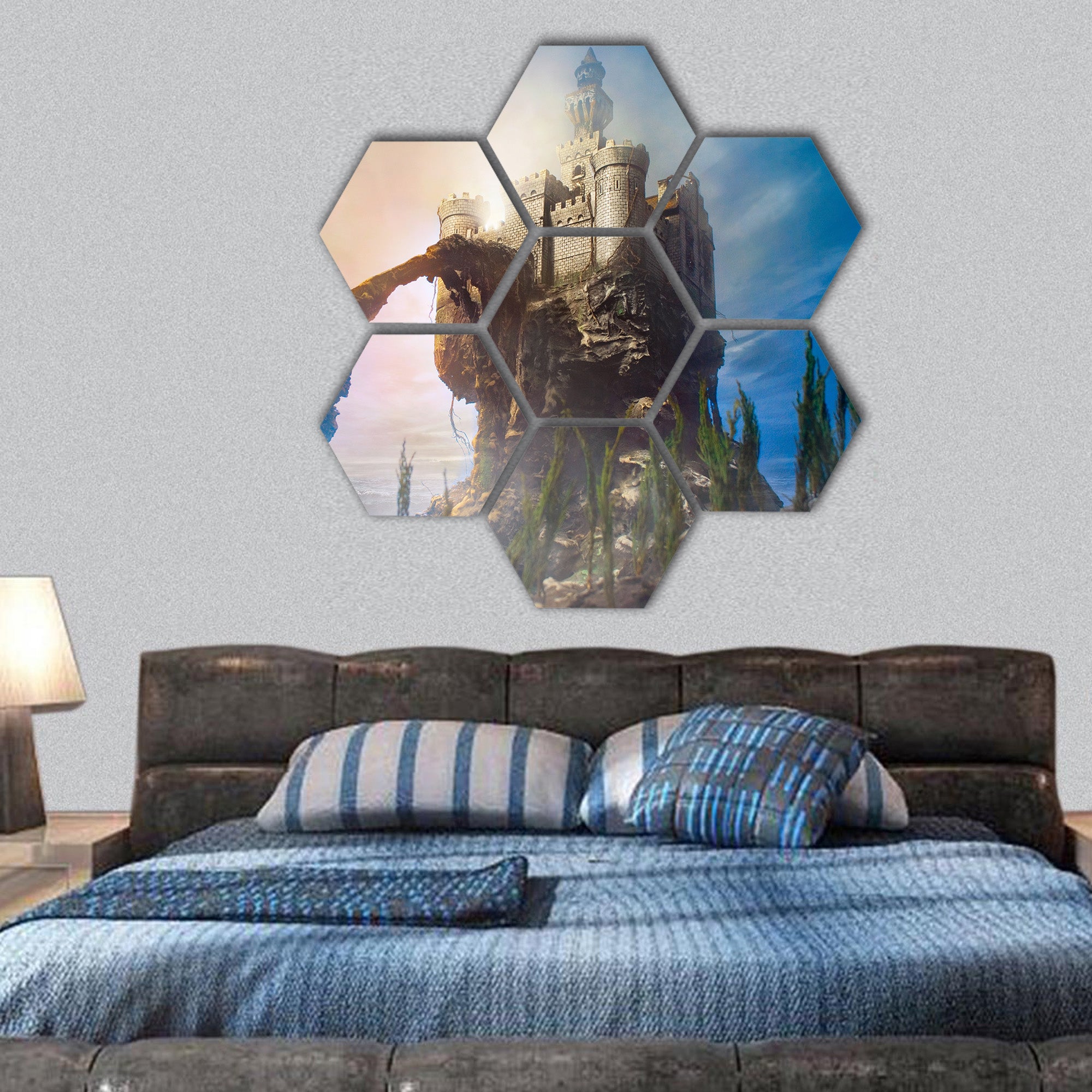 Old castle on the hill hexagonal canvas wall art
