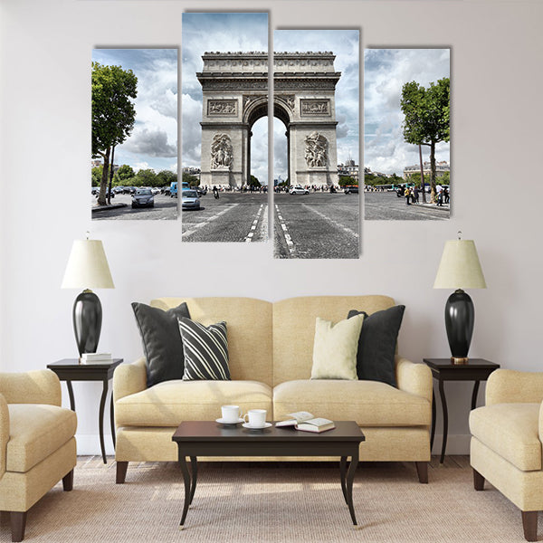 famous Triumphal Arch located at end of Champs-Elysees street Multi Panel Canvas Wall Art