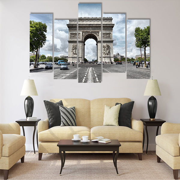 famous Triumphal Arch located at end of Champs-Elysees street Multi Panel Canvas Wall Art