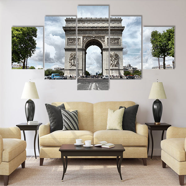 famous Triumphal Arch located at end of Champs-Elysees street Multi Panel Canvas Wall Art