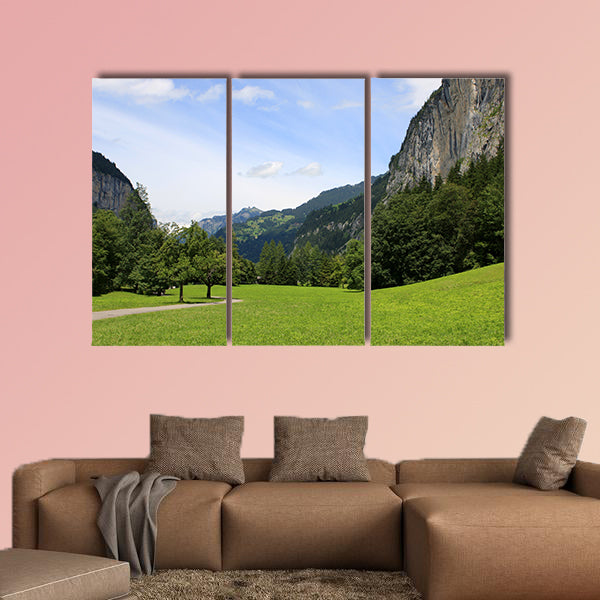Green alpine meadow near Trummelbach Falls, Switzerland multi panel canvas wall art