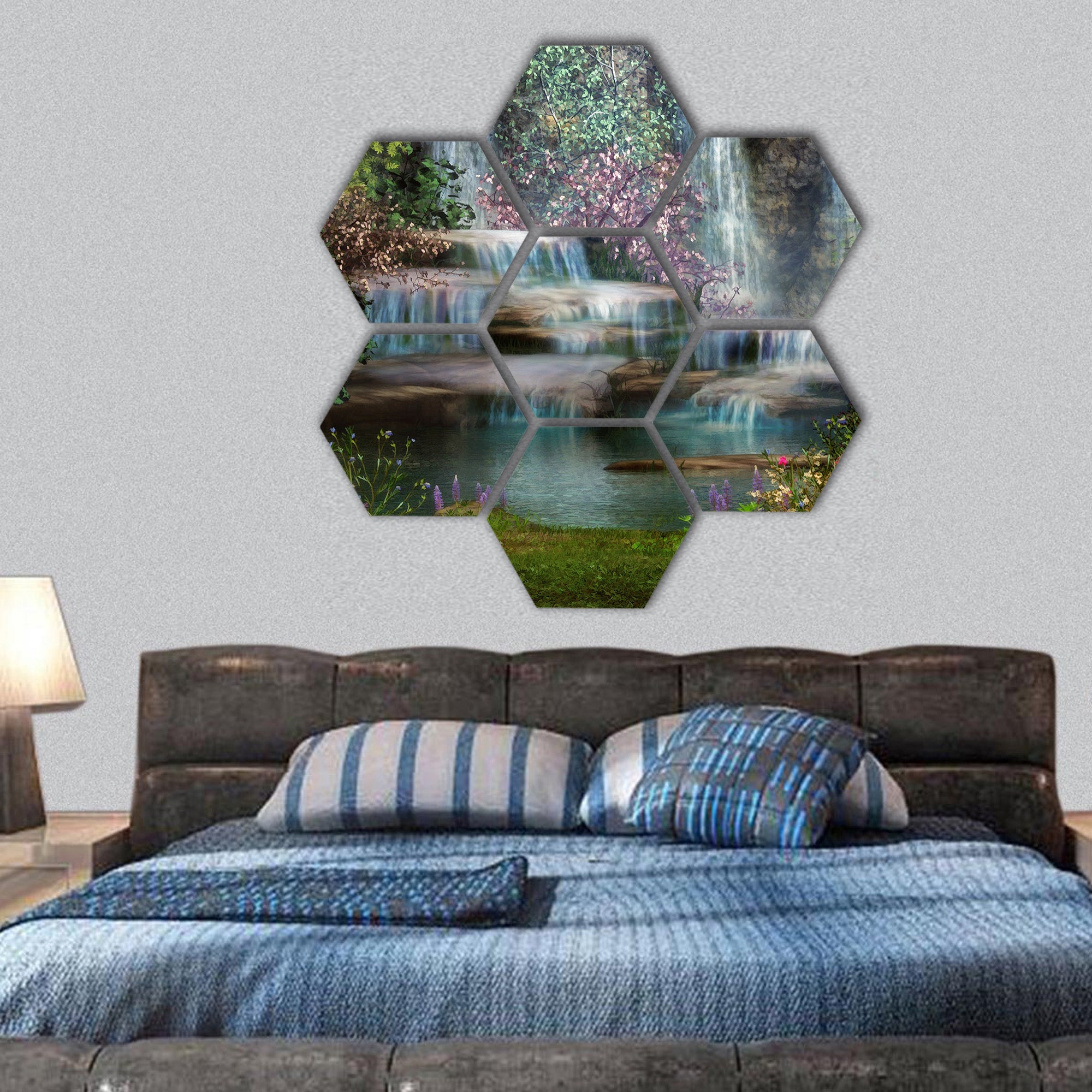landscape with waterfalls, flowers and trees hexagonal canvas wall art