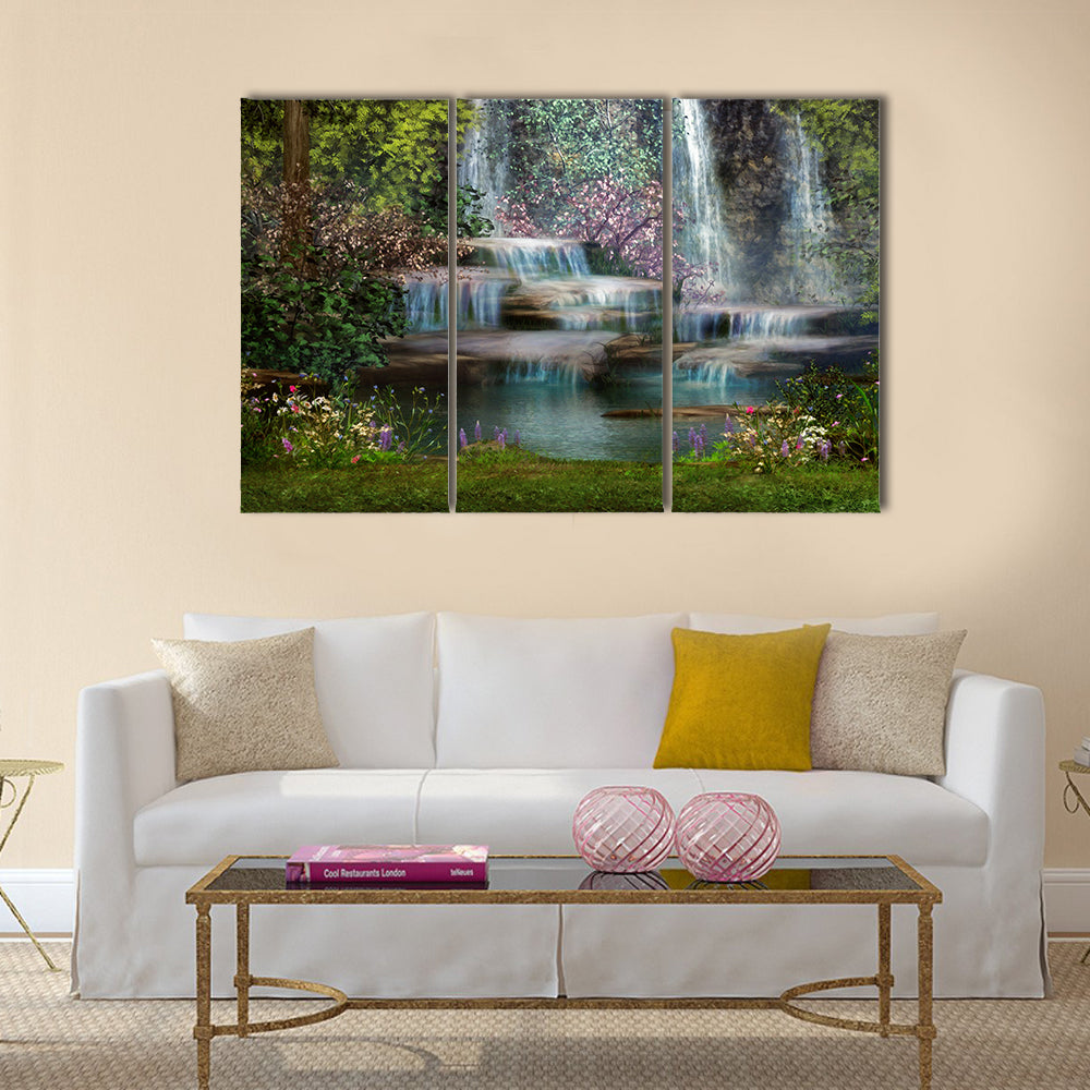 A magical landscape with waterfalls, flowers and trees Multi Panel Canvas Wall Art