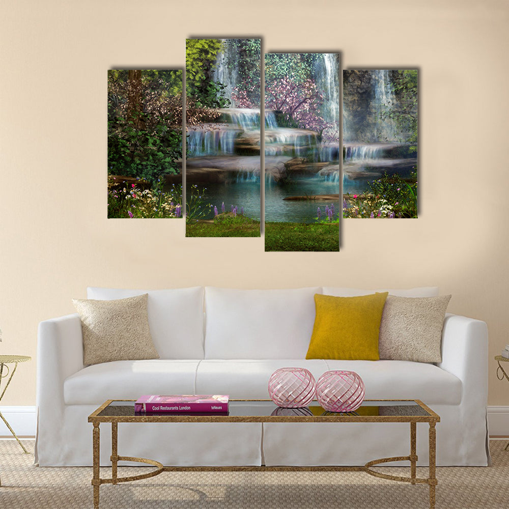 A magical landscape with waterfalls, flowers and trees Multi Panel Canvas Wall Art
