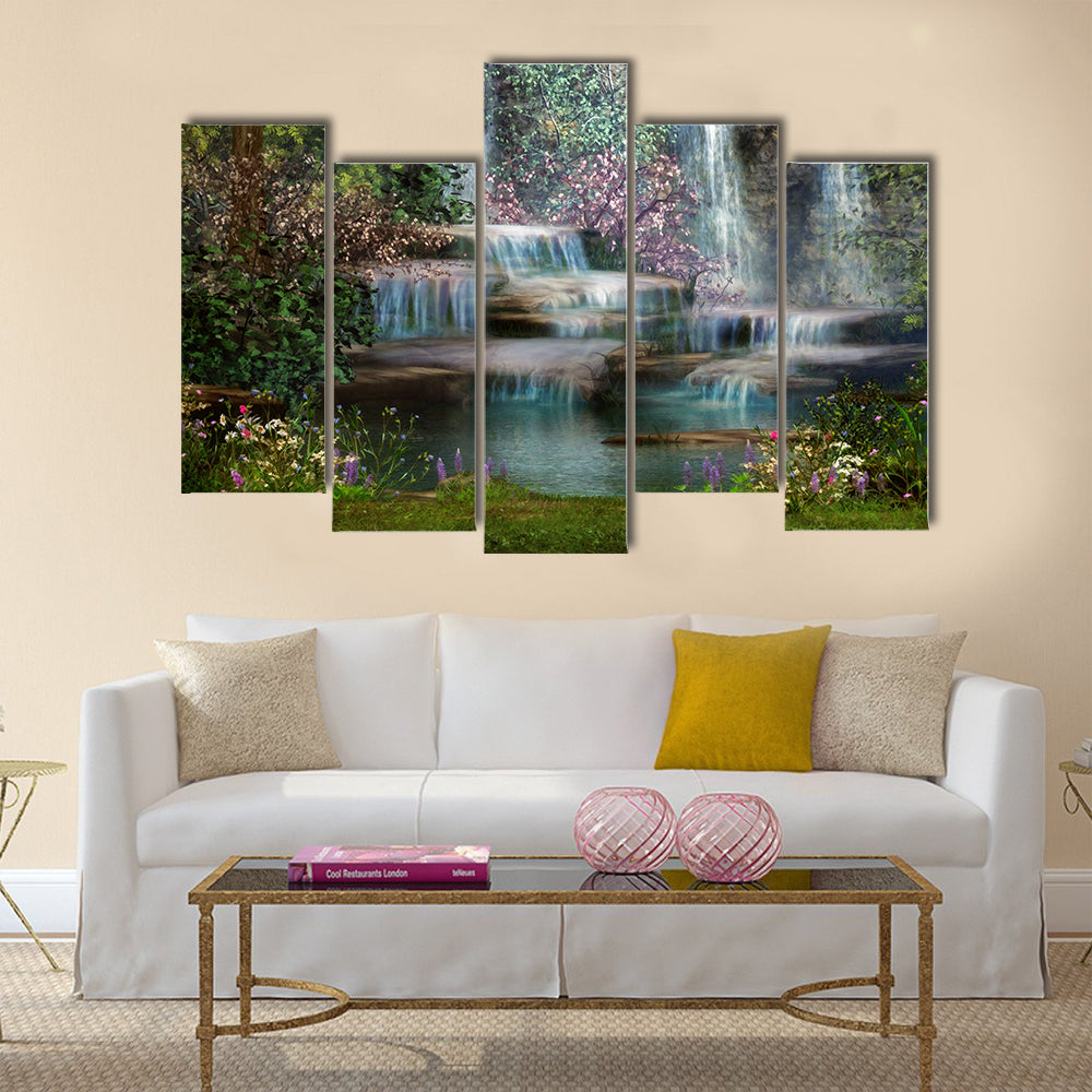 A magical landscape with waterfalls, flowers and trees Multi Panel Canvas Wall Art